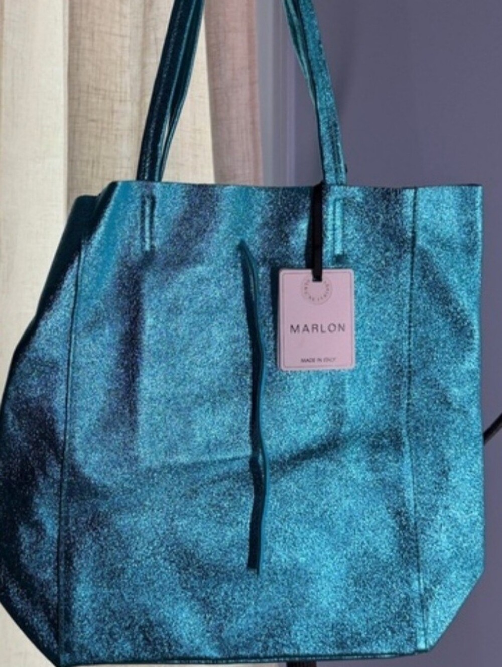 MARLON  Leather Metallic Teal Tote Bag - Women